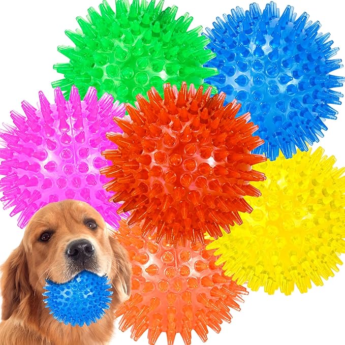 6-Pack 3.5” Squeaky Dog Balls, Durable Soft Spiky Chew Rubber Fetch Toy Balls for Large Medium Aggressive Chewers Teeth Cleaning Chewing Playing Training & Boredom Buster Indoors Outdoors