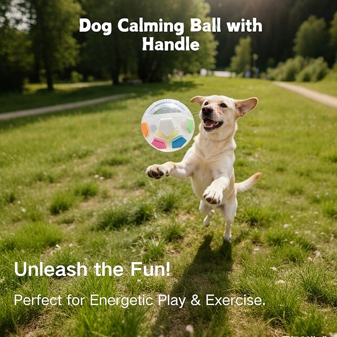 Dog Calming Ball with Handle, Interactive Ball for Playing with Pet Dogs, Interactive Soccer Toy with Squeaking Tennis Ball Inside, for Water Play, Training & Outdoor Games (White)