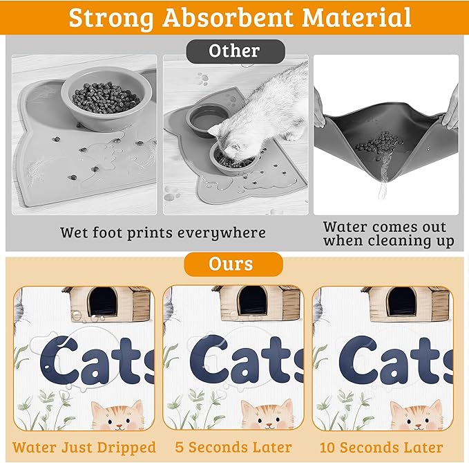 Cats Dog Food Mat,Cute Fun Absorbent Pet Feeding Mat for Food and Water Bowl,Quick Dry Dog Placemat Non Slip Rubber Backing Waterproof Pet Supplies 12" x 20"