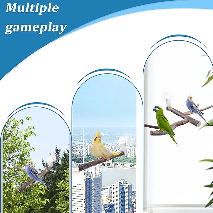 Bird Perch with Suction Cup Window Wall Bath Car Outdoor Travel Perch Stand for Small and Medium Bird Parrot Parakeet Cockatiel Conure African Greys Budgie Lovebirds (Two-Y-Type Wood Window Perch)
