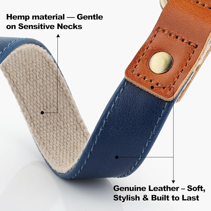 Plutus Pet Genuine Leather & Hemp Dog Collar – Adjustable Heavy Duty Pet Collar with Quick Release Metal Buckle, Soft & Stylish for Puppy and Small, Medium, Large Dogs (Royal Blue, S)