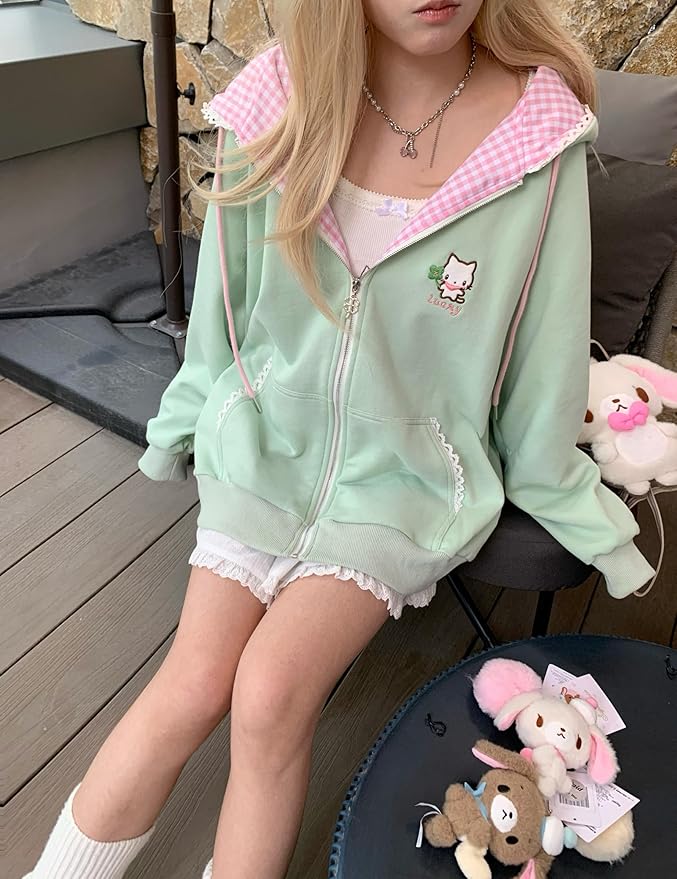 Womens Y2K Zip Up Cute Graphic Hoodies Cat Ears Casual Cartoon Harajuku Kawaii Clothes Oversize Streetwear Jacket