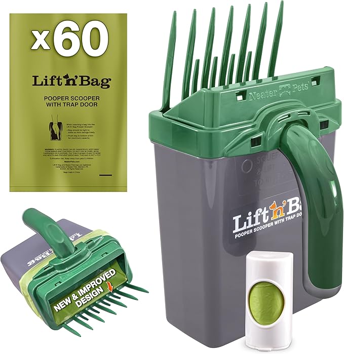Neater Pet Brands Lift N’ Bag 2.0 Dog Pooper Scooper with Bag Attachment for Small to Large Dogs, New & Improved Design, 60 Refill Bags, Heavy Duty Dog Poop Scooper for Yard & Walks, One-Hand Use