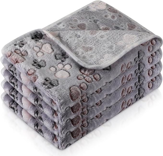 Tatuo 4 Pcs Dog Blanket for Pet Cat Blankets Indoor Puppy Teething Stuff Toys Paw Print Fleece Soft Blanket Sleep Mat for Guinea Pig Cage(Gray,X-Large(41 x 30 Inch),Square)