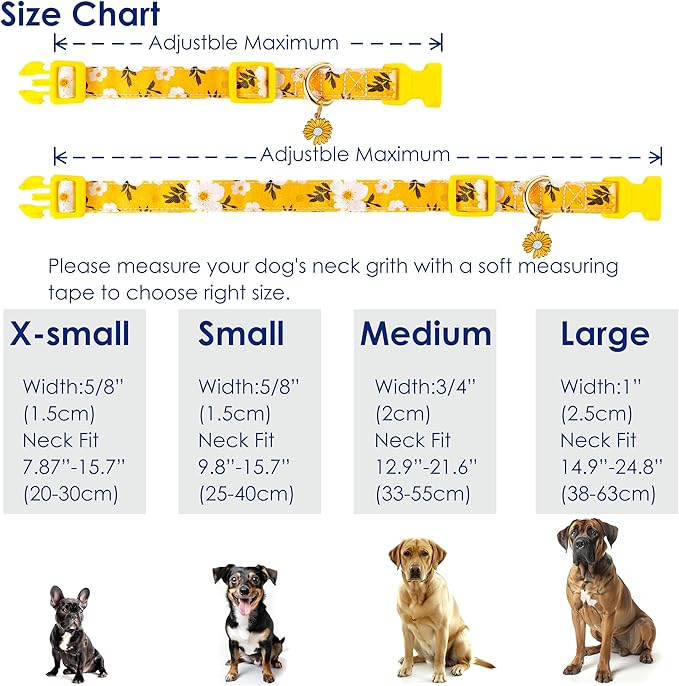 Cotton Dog Collar Yellow Flower Pattern for Boys and Girls Cute Dog Collars Summer Fall Gift Adjustable for Medium to X-Large Breed Dogs (L)