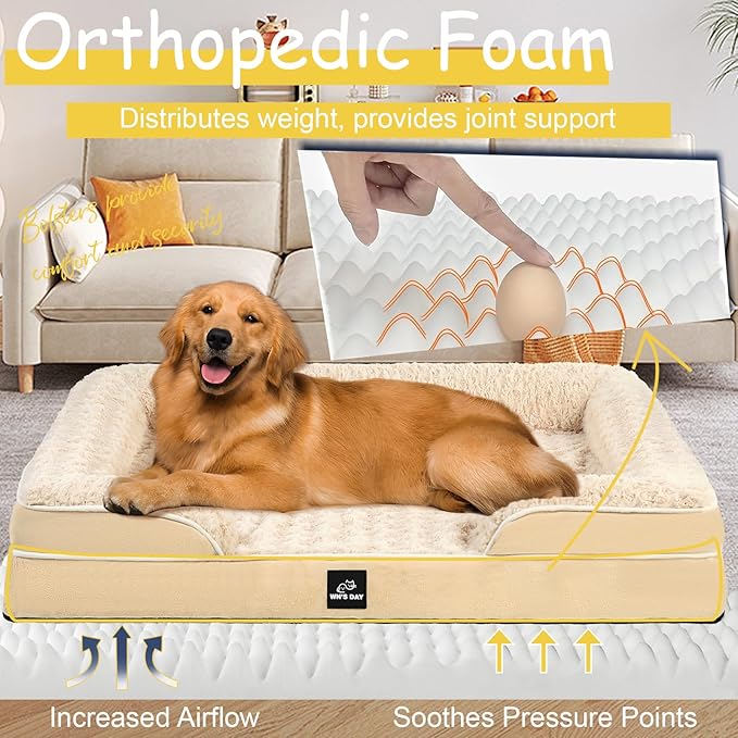 Orthopedic Dog Bed for Large Medium Sized, Washable Memory Foam Large Dog Bed, Medium Pet Sofa with Removable Cover, Washable Waterproof Pet Couch Beds(Beige, L)