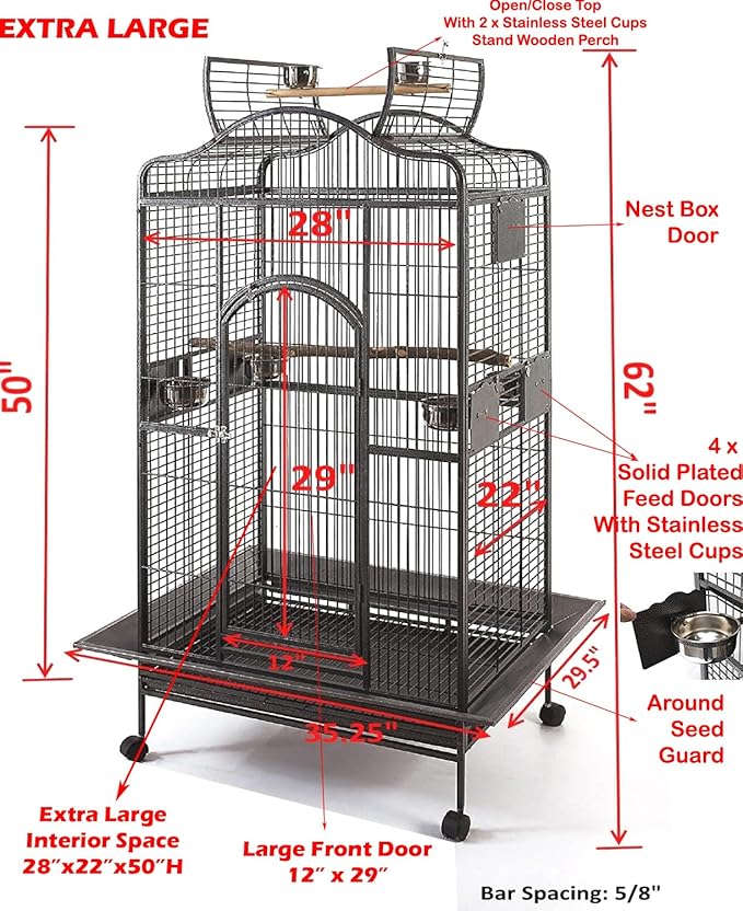 2 Color, Extra Large Wrought Iron Dome Top for Macaw Goffin's Cockatoo Cockatiels African Grey Amazon Parrots Green Cheek Conures Caique Bird Cage with Rolling Stand