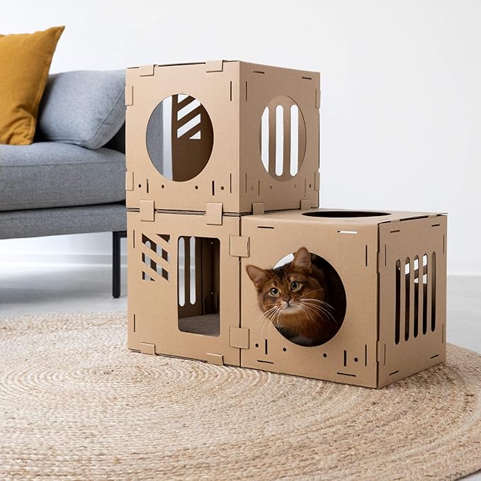 Navaris Modular Cardboard Cat House - DIY Corrugated Cardboard Configurable Play Tower Condo for Small Cats, Kittens, Rabbits - 3 Cubes