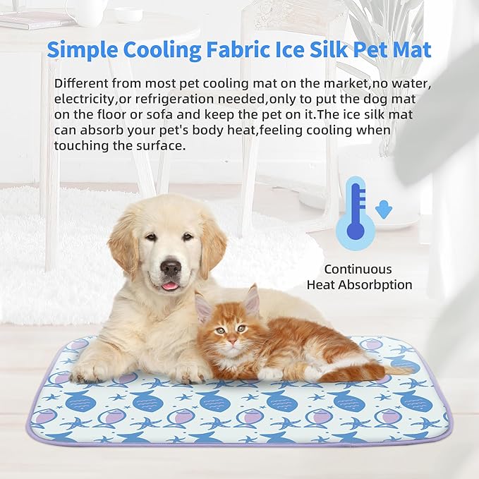 NWK Pet Cooling Mat - Ice Silk Cooling Mat for Dogs & Cats Portable & Washable Pet Cooling Blanket, Car Seats, Beds for Summer (1, Purple Fish, 20'' X 27'' X 0.3'')