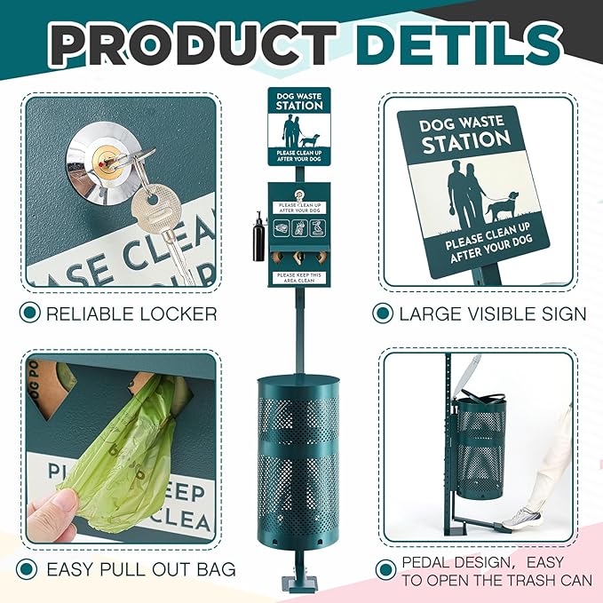 Qinyoung Pet Waste Station, Includes 600 Roll Bags, Dog Waste Station with Foot Pedal, Dog Poop Sign, Bag Dispenser, Hand Sanitizer Bottle and Covered Outdoor Trash Can for Parks, Trails Outdoor