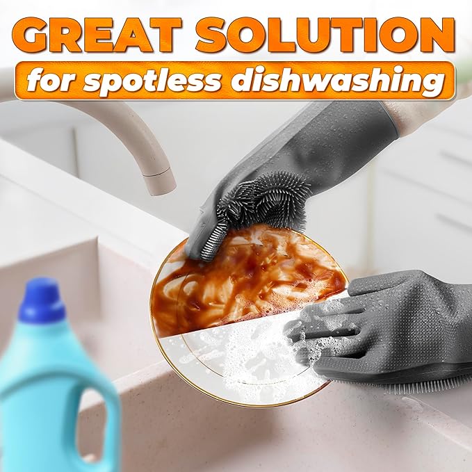 ALPENKOK Silicone Dish Gloves with Scrubbers – Thick Tear-Resistant Dishwashing Gloves – Long-Lasting | Household Use
