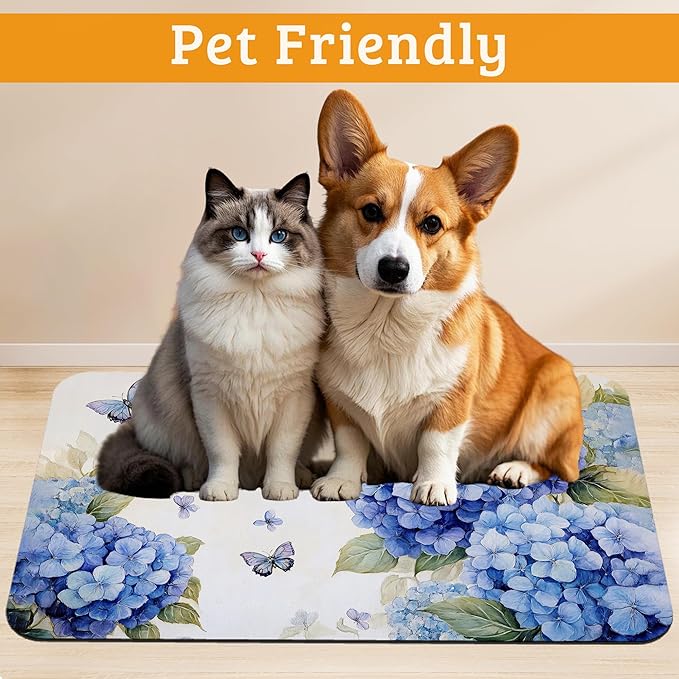 Pet Feeding Mat,Blue Hydrangea Absorbent Dog Cat Food Mat Butterfly Floral Dog Mat with Rubber Backing,Non-Slip Water Bowl Placemat,Pet Supplies 16" x 24"