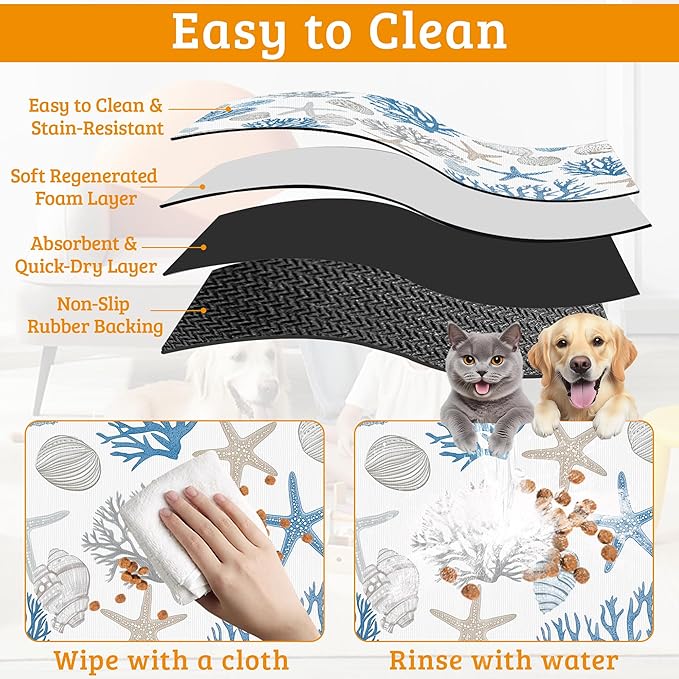 Seashell Beach Feeding Mat,Coral Starfish Absorbent Quick-Dry Cat Dog Food and Water Bowl Mats,Non-Slip Rubber Backing Mat,Cat Dog Accessories Supplies 16" x 24"