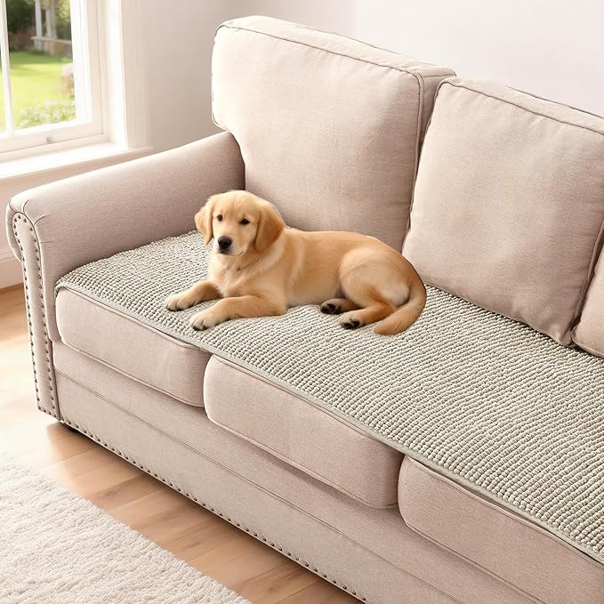 H.VERSAILTEX Plush Chenille Couch Cover for 3 Cushion Couch Anti Slip Washable Sofa Slipcovers Soft and Durable Furniture Protector for Dogs Cats Kids (27.5" x 82", Oatmeal)