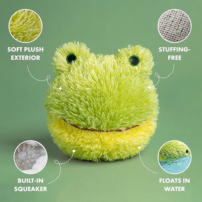 Pet Lou DOG'Z 4 Inch EZ Squeaky Frog Dog Plush Toy, Stuffing-Free Soft Plush Toy with Bouncy Squeaker Ball, Floats in Water, Ideal for Small and Medium Dogs