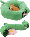 PEQULTI Cat Tunnel with Bed for Indoor Cats, Cat Play Donut Tunnel with Washable Soft Plush Flower Mat, Round Tube Toys Cute Tube for Kittens, Puppies, Rabbits and Ferrets, Green&Pink