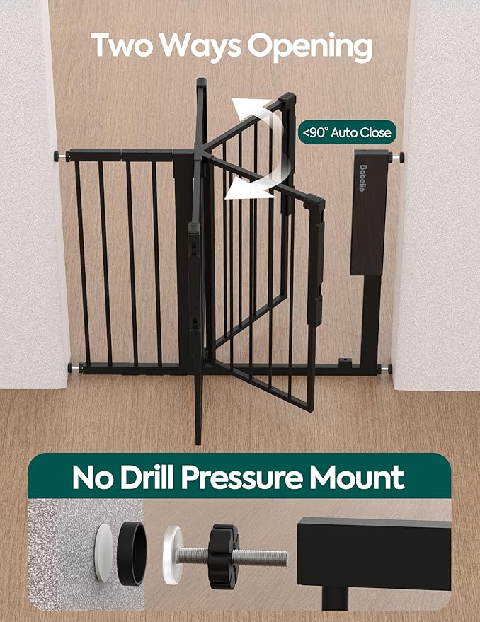 Babelio Smart Baby Gate with Auto-Unlock/Close, Pressure Mounted No Drill for Doorways/Top of Stairs. Pet/Dog Door Wide Walk Thru w/Infrared Sensor & Instant Safety Alert (Black, 30.3-47.2" W, 30" H)
