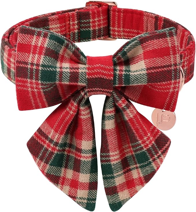 Christmas Plaid Dog Collar with Bow Tie– Adjustable Red & Green Checkered Dog Collar for Small Medium Large Dogs, Soft Xmas Plaid Puppy Collars with Quick Release Buckle M