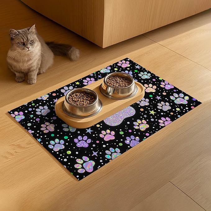 Pet Feeding Mat 24x16 inch Glitter Paw Print Pet Bowl Placemat Non Slip Floor Mat for Food and Water Indoor Pet Feeding Station Cute Meal Pad for Small Cats and Dogs Kitchen Use