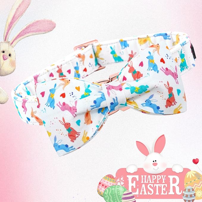 Lionheart glory Easter Dog Collar with Bow Tie Rabbit Print Dog Collar Girl or Boy Soft Durable Adjustable Puppy Gift Collar Bows Spring Collar Dog Bow