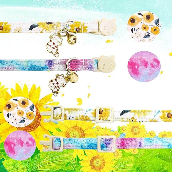 Elegant little tail 2 Pack Cat Collar- Sunflower Print Cotton Breakaway Cat Collars with Bell Pendant Kitten for Girl Safety Adjustable Collar for Small Cats Puppy