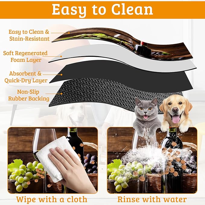 Pet Feeding Mat,Red Wine Absorbent Dog Cat Food Mat Grape Wood Dog Mat with Rubber Backing,Non-Slip Water Bowl Placemat,Pet Supplies 12" x 20"