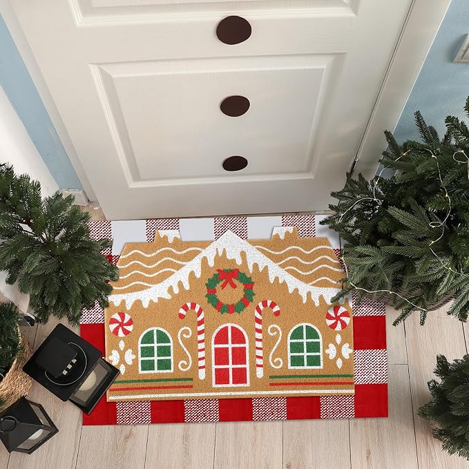 Tinideya 2 Pcs Door Mat Welcome Non Slip Coir Mats Floor Layering Doormats Seasonal for Front Porch Entryway Decor(Gingerbread House)
