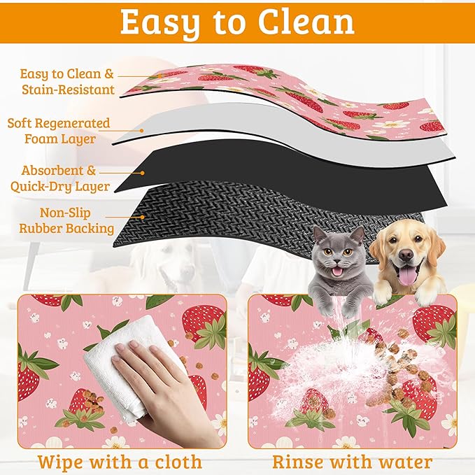 Dog Bowl Mat,Strawberry Pet Feeding Mat for Floors Waterproof,White Daisy Absorbent Dogs Placemat for Food and Water Quick Dry Pet Cat Feeding Mats with Non Slip Bottom 12" x 20"