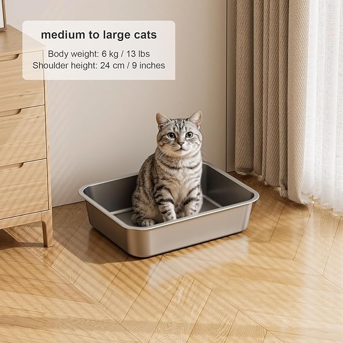 Large Stainless Steel Litter Box with High Sided, Metal Cat Litter Box, Odor-Free Non-Stick Litterbox Pan, Easy to Clean Pet Supplies Toilet Tray for Indoor Cats, Kittens or Multicat Homes