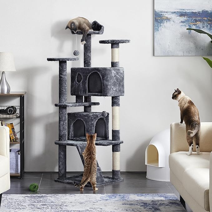 Yaheetech 62in Cat Tree Cat Tower for Indoor Kitty, Pet Furniture w/Double Condo, Scratching Posts, Multiple Platforms and Balls for Kittens, Dark Gray