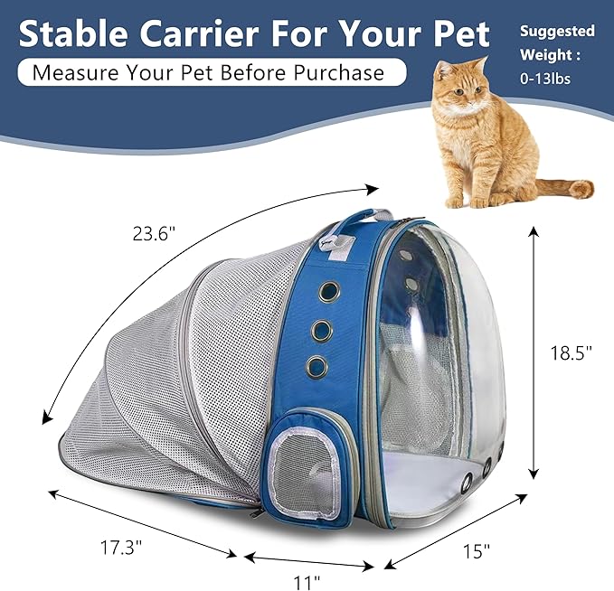 Cat Backpack Carrier Back Expandable Bubble Pet Carrier Backpack for Large Cat, Kitten and Dog, Designed for Hiking, Travelling and Outdoor Use (Back Expandable-Blue)