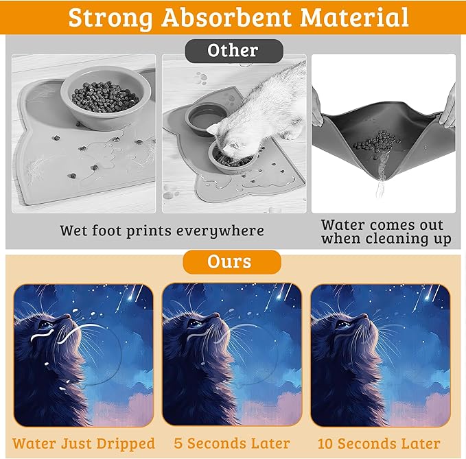 Cat Dog Food Mat,Starry Night Absorbent Pet Feeding Mat for Food and Water Bowl,Quick Dry Dog Placemat Non Slip Rubber Backing Waterproof Pet Supplies 16" x 24"
