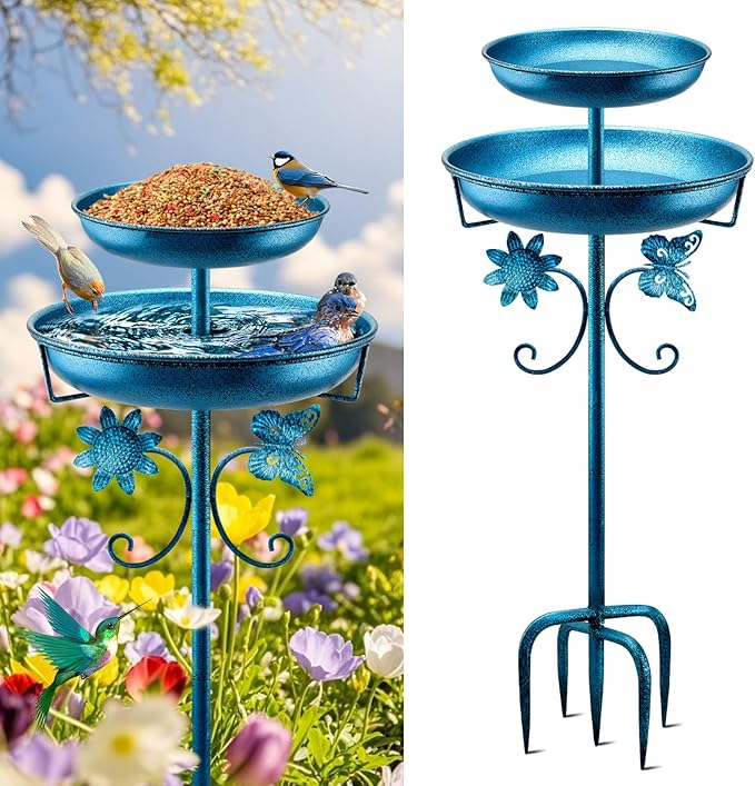 Daoeny Bird Bath for Outside, 42In Vintage Freestanding Birdbaths for Outdoors, Double Metal Bird Bath Feeder Bowls for Garden Patio Yard Lawn Decor, Upgraded 5-Pronged Base (Blue)