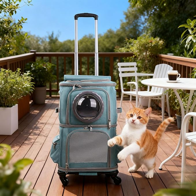 2-in-1 Pet Carrier Backpack for Two Cats or One Dog with Puller & Roller, Green Double Compartments Carry Bag for Large Fat Cat and Puppy Traveling and Hiking, Space Capsule Clear Bubble Dome
