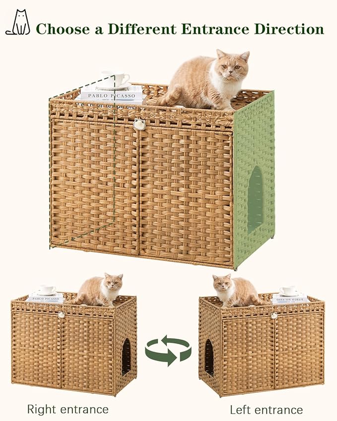 Cat Litter Box Enclosure Furniture, Handwoven Rattan Hidden Litter Box with Mat, Large Space Cat House with 2 S-Shaped Hooks 30.3 x 18.3 x 24.4 Inches, Indoor for Living Room Apartment Natural