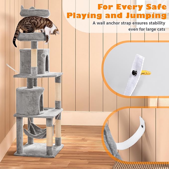 Yaheetech Cat Tree Tower, 70.5in Multi Level Cat Tree Kitten Condo with 2 Condos & 2 Plush Perches & Scratching Post & Dangling Ball, Cat Tower Furniture for Play & Rest Light Gray