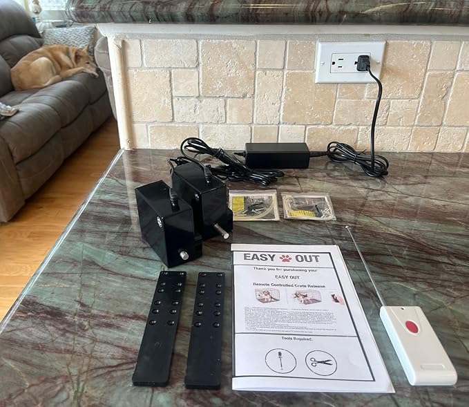 Easy Out Automated Pet Crate Opener for Single or Double Latch Crates, Activated by Remote Control or Wi-Fi Smart Plug, Model EODP2