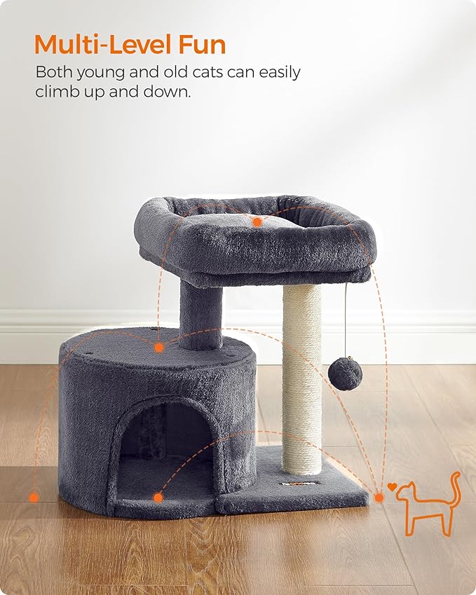 Feandrea Cat Tree, Small Cat Tower with Sisal Scratching Post, Plush Condo with Padded Perch, for Small Spaces, Kittens, Smoky Gray UPCT50G