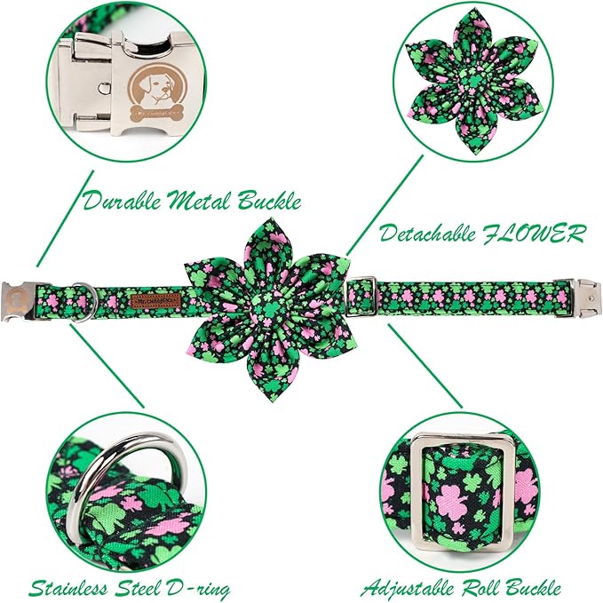 MR. CHUBBYFACE St.Patrick's Clover Dog Collar with Flower, Pink Green Clovers Shamrock Adjustable Dog Collar, Cute St.Patrick's Collar for Small Medium Large Dogs
