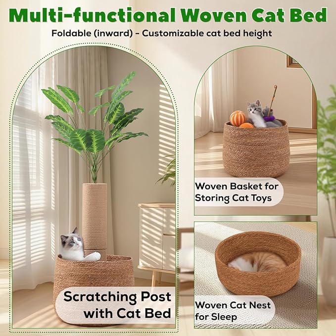 62 Inch Tall Cat Scratching Post with Bed, Banana Leaf Tree Scratching Posts for Indoor Cats Adults, Modern Artificial Plants Scratcher Post with Foldable Woven Cat Basket for Home Decor