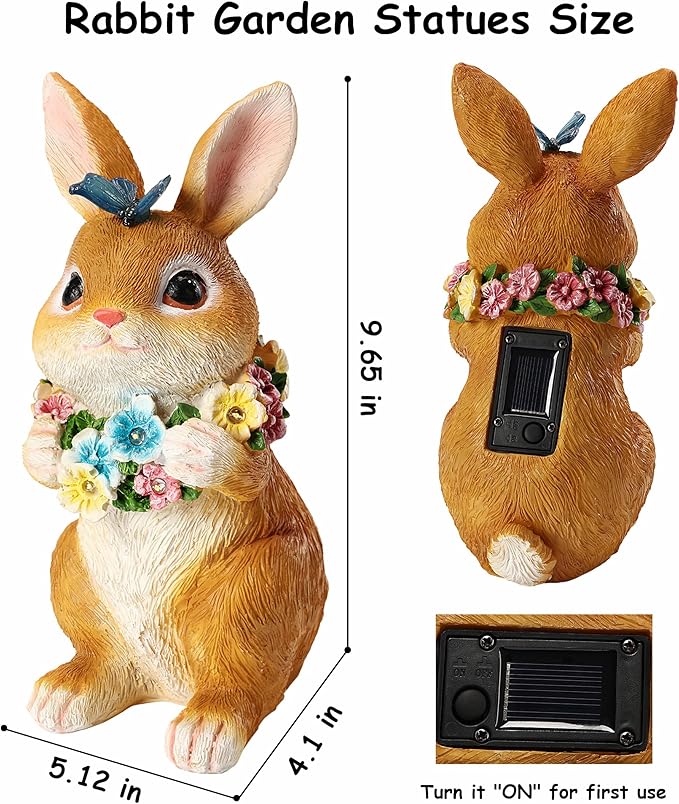 Solar Garden Statues Outdoor Easter Bunny Decorations with Butterfly & Flowers Spring Decor with 6 LED Night Accent Lights for Patio, Yard & Lawn, Easter Gift for Mom, Valentines Day Figurine