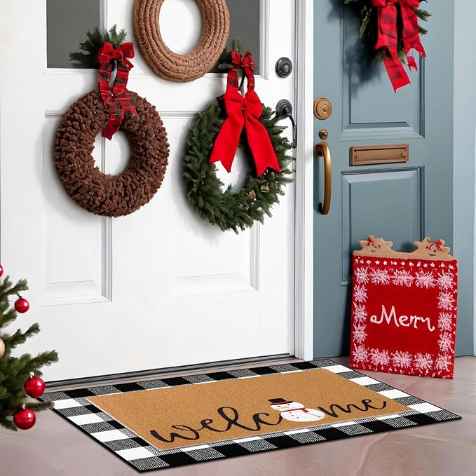 Tinideya 2 Pcs Winter Door Mat Snowman Welcome Non Slip Coir Mats Snow Black White Buffalo Plaid Floor Layering Doormats Seasonal for Front Porch Entryway Decor(Snowman)