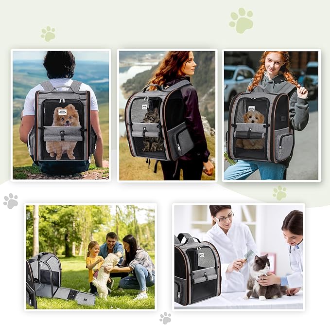 Lekebobor Cat Carrier Backpack, Expandable Pet Carrier with Sun Shade & Full Front Opening, Breathable Mesh Backpack for Small Dogs & Medium Cats Up to 18 Lbs, Foldable for Hiking, Camping (Grey)