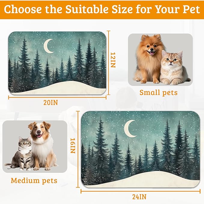 Pet Feeding Mat,Abstract Forest Absorbent Dog Cat Food Mat Moon Dog Mat with Rubber Backing,Non-Slip Water Bowl Placemat,Pet Supplies 12" x 20"