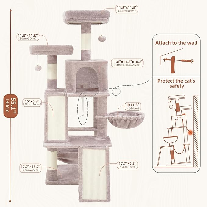 Multi-Level Cat Tree for Indoor Cats, Cat Tower with 2 Scratching Boards, 2 Plush Padding Platforms, Cat Condo House with Hammock, Basket, Muchroom GCT022MU
