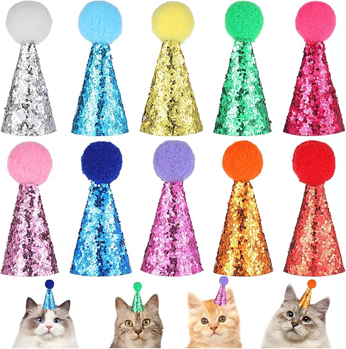 10PCS Small Party Hats for Stuffed Animals, Mini Birthday Hats for Stuffed Animals, Dogs, Cats, Adjustable Tiny Hat with Pom Poms, Holiday Birthday Costume Accessories