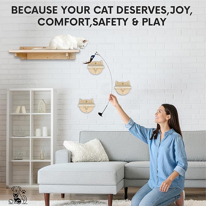 Snuggle & Play Cat Wall Shelves & Climbing System – Modern Furniture Set with 3 Steps & Perch for Indoor Cats, Includes Wand Toy