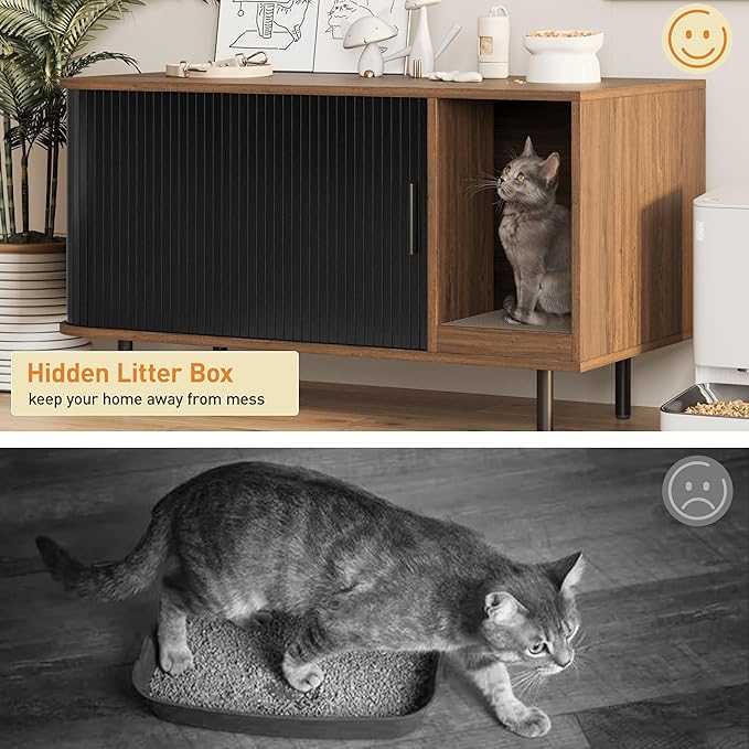 Cat Litter Box Enclosure with Cat Scratch Pad, Sliding Door, 37.4" Litter Box Enclosure Furniture Hidden Litter Box, Modern Indoor Cat House, TV Stand, Side End Table for Living Room, Black