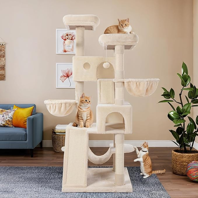 WEEWAY Cat Tree Tower for Indoor Cats,65'' Multi-Level Cat Furniture Activity Center,Stand House Condo Cave,Sisal Scratching Posts Ramps,Plush Perches Platforms Basket Hammock,Beige