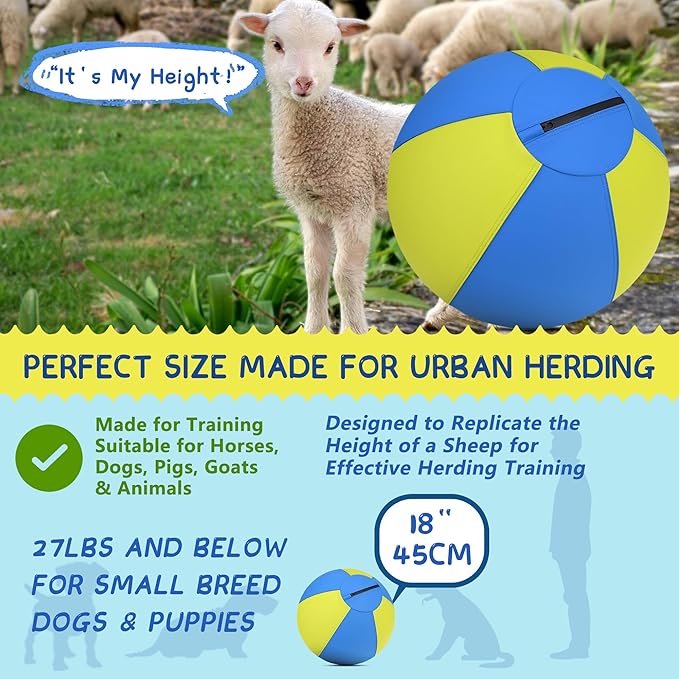Herding Ball for Dogs and Horses - 18" Dog Herding Ball for Australian Shepherd Collie, Jolly Ball for Dogs Agility Equipment, Herding Ball Durable Bite-Resistant with Reinforced Stitching-Yellow&Blue